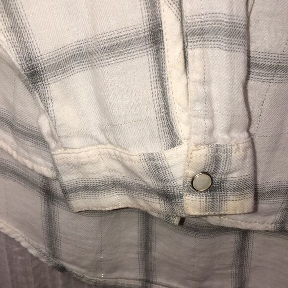 CK Jeans L Cotton White Gray Lurex Plaid Long Sleeve Snap Front Relaxed Shirt - Picture 7 of 15